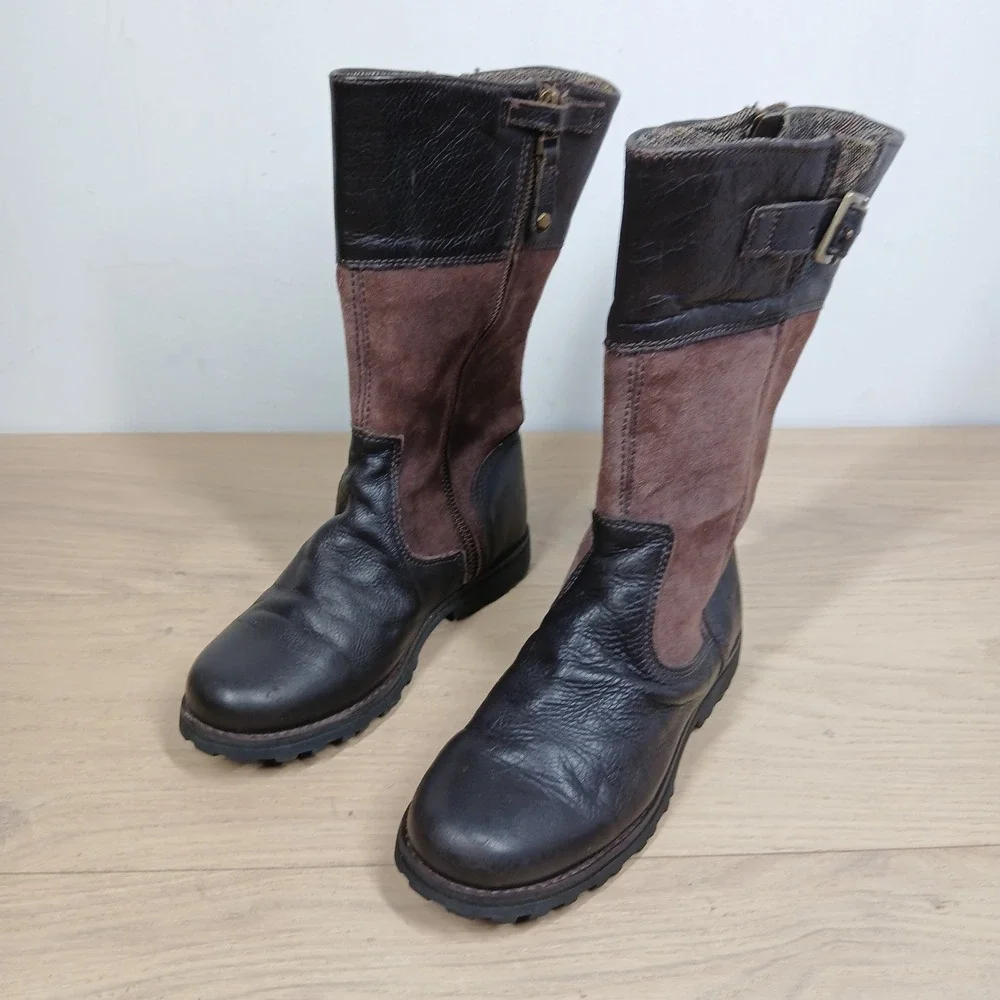 Timberland Boots Girls 3 Brown Leather Buckle Mid Calf Rugged Outdoor Casual